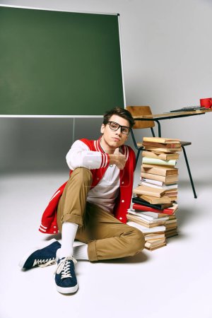 Junger Mann im Sitzen mit einem Stapel Bücher im Arbeitszimmer versunken.