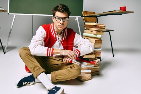 Young man sitting amidst books on the floor.