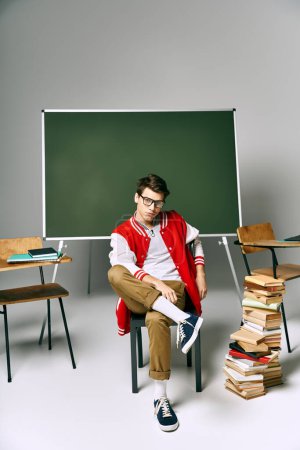 Foto de Man sitting, surrounded by books, in front of green board. - Imagen libre de derechos