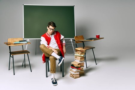Photo for A man sitting on a chair next to a green board in a classroom. - Royalty Free Image