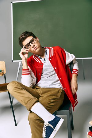 Man in red jacket sits in front of chalkboard in contemplation.