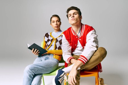 Ein junger Mann und eine junge Studentin sitzen auf Stühlen und halten ein Buch in der Hand.