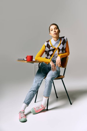 A woman sits on a chair, with a cup of coffee.