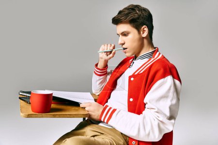 Ein Mann in roter Jacke sitzt an einem Schreibtisch mit einer Tasse Kaffee.