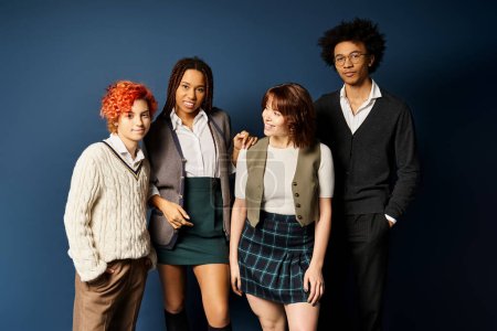 A diverse group of young friends, standing together in stylish attire against a dark blue background.