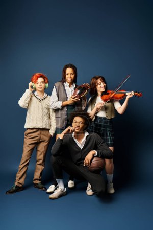 Diverse young friends, including a nonbinary person, in stylish attire, standing united with musical instruments against a dark blue background.