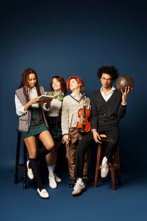 Multicultural young friends in stylish attire, including a nonbinary person, sitting closely together on a dark blue background.