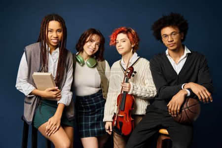Multikulturelle Gruppe junger Freunde, die in stilvoller Kleidung vor dunkelblauem Hintergrund zusammenstehen.