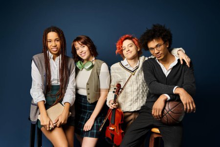 A group of young multicultural friends, including a nonbinary person, stand together in stylish attire against a dark blue background.