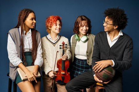 A group of diverse young friends, stand together in stylish attire against a dark blue background.