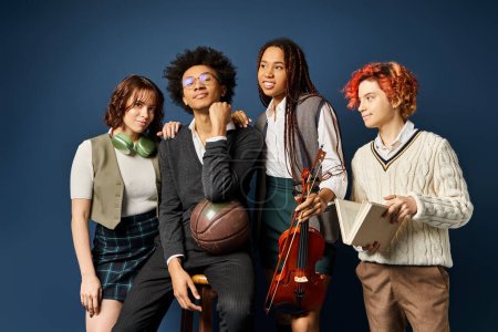 Photo for Multicultural, stylishly dressed young friends, stand united against a dark blue backdrop. - Royalty Free Image