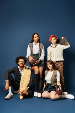 Young multicultural friends, including a nonbinary person, stylishly pose for a picture with a skateboard on a dark blue background.