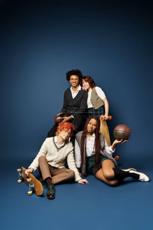 A group of young multicultural friends, including a nonbinary person, sitting together in stylish attire on a dark blue background.