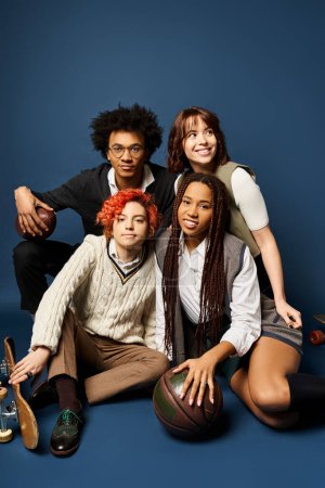 A diverse group of young people, sitting closely together in stylish attire on a dark blue background.