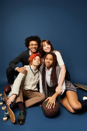 Foto de Un grupo de jóvenes y elegantes amigos multiculturales, sentados juntos sobre un fondo azul oscuro. - Imagen libre de derechos