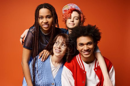 Young interracial friends, including a nonbinary person, standing together in stylish attire in a studio setting.