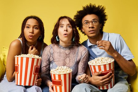 A diverse trio of friends relaxes on a couch, each holding a bucket of popcorn in a cozy setting.