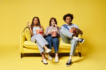 Three young friends of diverse backgrounds are lounging on a couch, enjoying popcorn together in a stylish studio setting.
