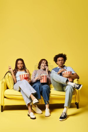 Eine bunte Gruppe junger Freunde, darunter eine nicht binäre Person, sitzt gemütlich auf einer leuchtend gelben Couch in einem stilvollen Ambiente.
