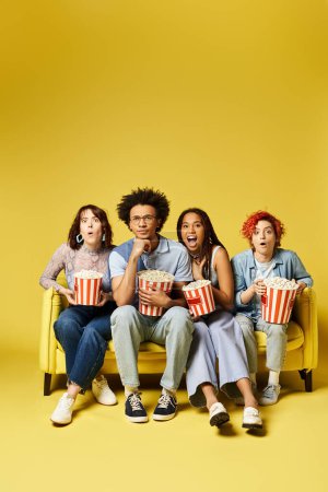 Foto de Multicultural friends in stylish attire sit together on a bright yellow couch, watching movie - Imagen libre de derechos