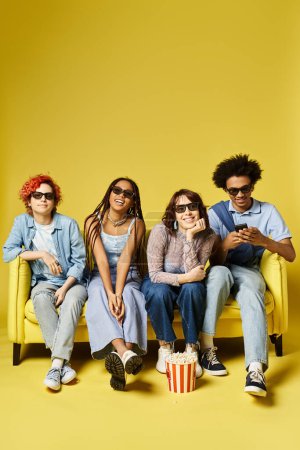 A diverse group of friends relax on a sunny yellow couch, chatting and laughing in a stylish studio setting.