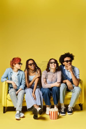 Téléchargez les photos : Multicultural group in stylish attire relaxes on a vibrant yellow couch in a studio setting. - en image libre de droit