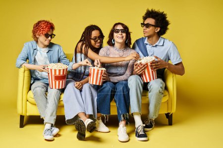 Foto de Amigos jóvenes multiculturales en trajes elegantes charlando felizmente mientras están sentados en un vibrante sofá amarillo. - Imagen libre de derechos