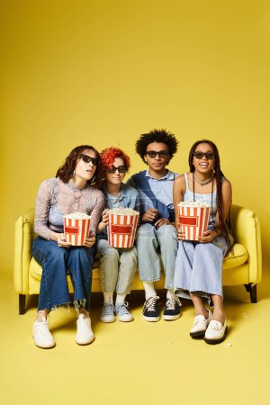 Photo for Diverse group of friends in trendy outfits relaxing and connecting on a bright yellow couch in a studio setting. - Royalty Free Image