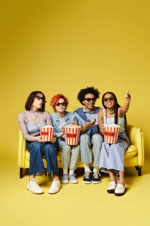 Téléchargez les photos : A diverse group relaxes on a vibrant yellow couch in a studio, showcasing style and unity in their comfortable poses. - en image libre de droit