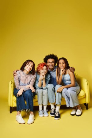 Eine bunte Gruppe junger Freunde, darunter eine nicht binäre Person, sitzt gemütlich auf einer leuchtend gelben Couch in einem stilvollen Studio-Ambiente und plaudert..