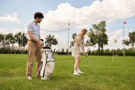 A young couple in elegant attire plays golf on a green field at a prestigious club, enjoying a leisurely day together.