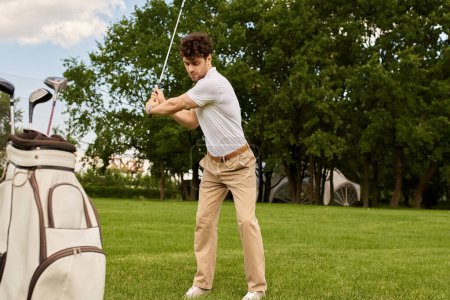 A man elegantly hits a golf ball with a golf bag in a green field, surrounded by an upper-class lifestyle.