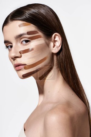 Alluring young woman adorned with layers of foundation, showcasing intricate makeup artistry.