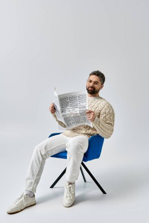 Un homme élégant avec une barbe assise sur une chaise, absorbé par la lecture d'un journal sur un fond gris.