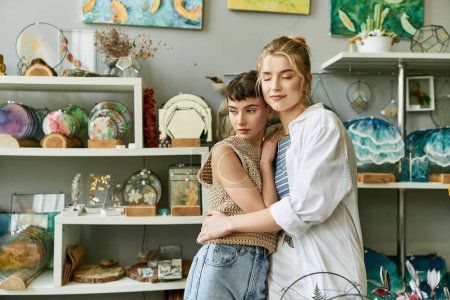 Photo for Two women in love, standing closely together in an art studio. - Royalty Free Image
