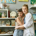 Two women in love, standing closely together in an art studio.