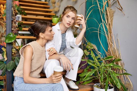 Photo for Lesbian couple enjoying a serene moment on a bench beside a green plant. - Royalty Free Image