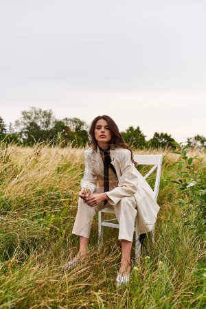 Foto de Una hermosa joven vestida de blanco se sienta en una silla en un campo tranquilo, empapada en la brisa del verano. - Imagen libre de derechos