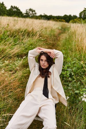 Eine schöne junge Frau in weißem Gewand sitzt auf einem Feld, die Hände auf dem Kopf und genießt die Sommerbrise.