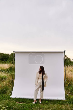 Foto de Una hermosa joven vestida de blanco se levanta con gracia frente a un fondo blanco, disfrutando de la brisa del verano. - Imagen libre de derechos