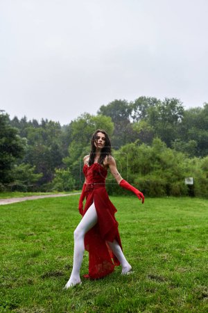 An attractive young woman in a red dress and long gloves enjoys the summer breeze in a serene field.