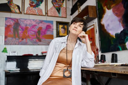 Foto de Woman examines paintings at table in art studio. - Imagen libre de derechos