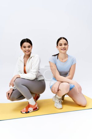 Photo for Two teenage friends, pretty and brunette, in sportive attire, sitting on a yoga mat, striking a pose for a memorable moment. - Royalty Free Image
