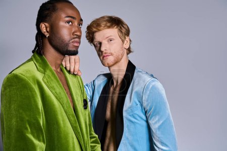 Zwei multikulturelle Männer im eleganten, eleganten Stil stehen zusammen auf grauem Hintergrund.