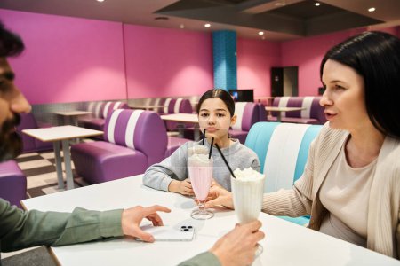 Téléchargez les photos : Une famille heureuse assise ensemble dans un restaurant branché, profitant d'un moment de qualité pendant le week-end. - en image libre de droit