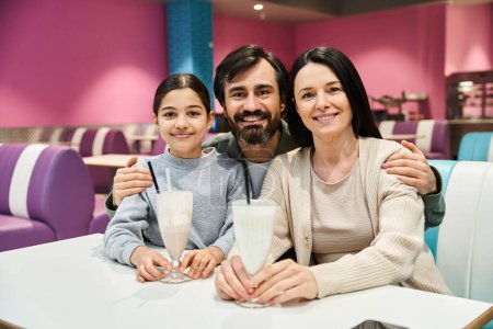 Une famille heureuse dans un restaurant branché, souriante et posant pour un portrait.