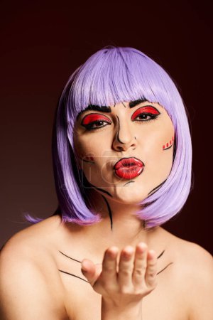 A beautiful woman with purple hair and bold pop art makeup, reminiscent of a comic book character, stands out against a black background.