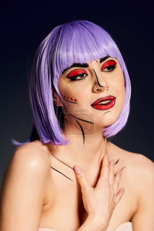 A captivating woman dons a vibrant purple wig and pop art-inspired makeup on a dark backdrop, embodying a character from comics.