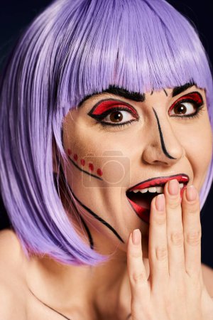 A captivating woman with purple hair adorned in vibrant pop art makeup resembling a character from comics.