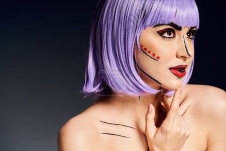 A striking woman with purple hair and bold pop art makeup poses against a dark backdrop, embodying a comic book character.